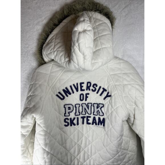 Pink By Victoria’s Secret Ski Team Jacket Coat Fur Trim Oversized Logo White L - Picture 1 of 14